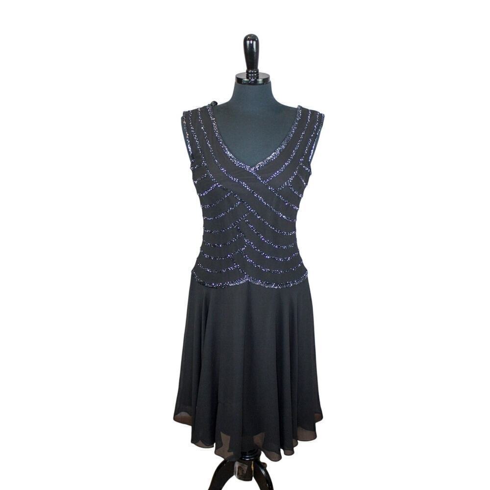J Kara Black Beaded Midi Event Dress Flapper Drop Waist Hoco Formal 12